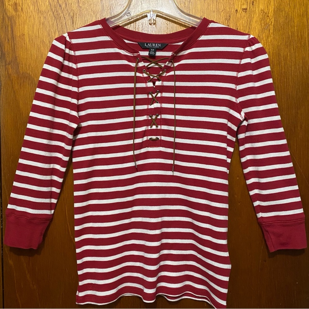 Lauren Ralph Lauren Red White Striped Lace-Up Waffle Knit Top S/P